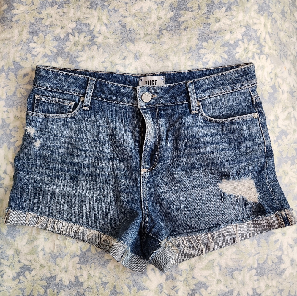 PAIGE Women's Jimmy Jimmy Distressed Blue Jean Shorts, Size 29